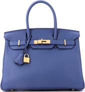 Pre-Owned Hermes Birkin Handbag Blue Clemence with Gold Hardware 30