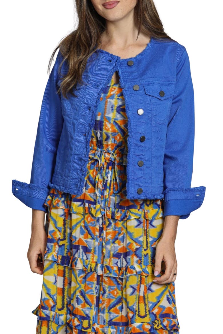 Frayed Collarless Denim Jacket, Main, color, DAZZLING BLUE