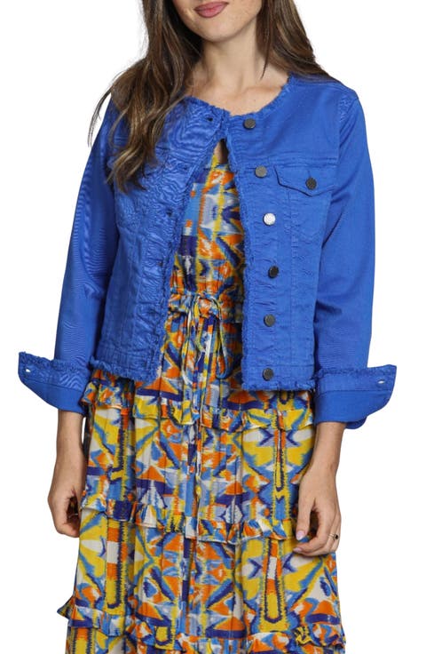 Frayed Collarless Denim Jacket