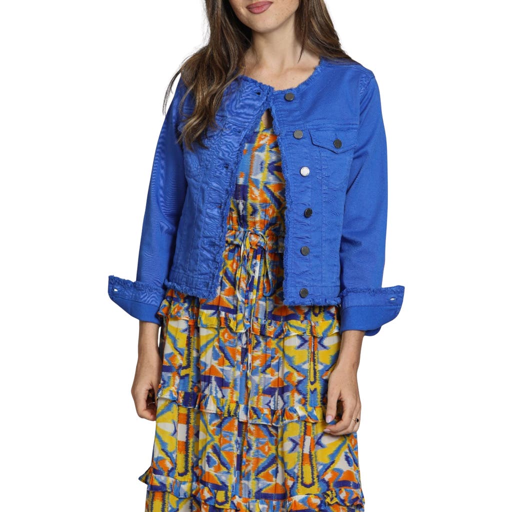 Apny Frayed Collarless Denim Jacket In Dazzling Blue