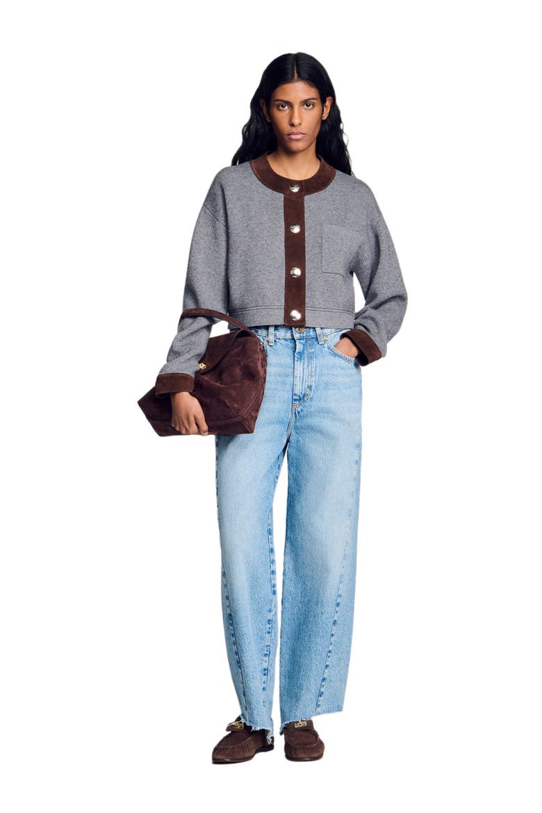 Cardigan with suede panels, Alternate, color, Grey