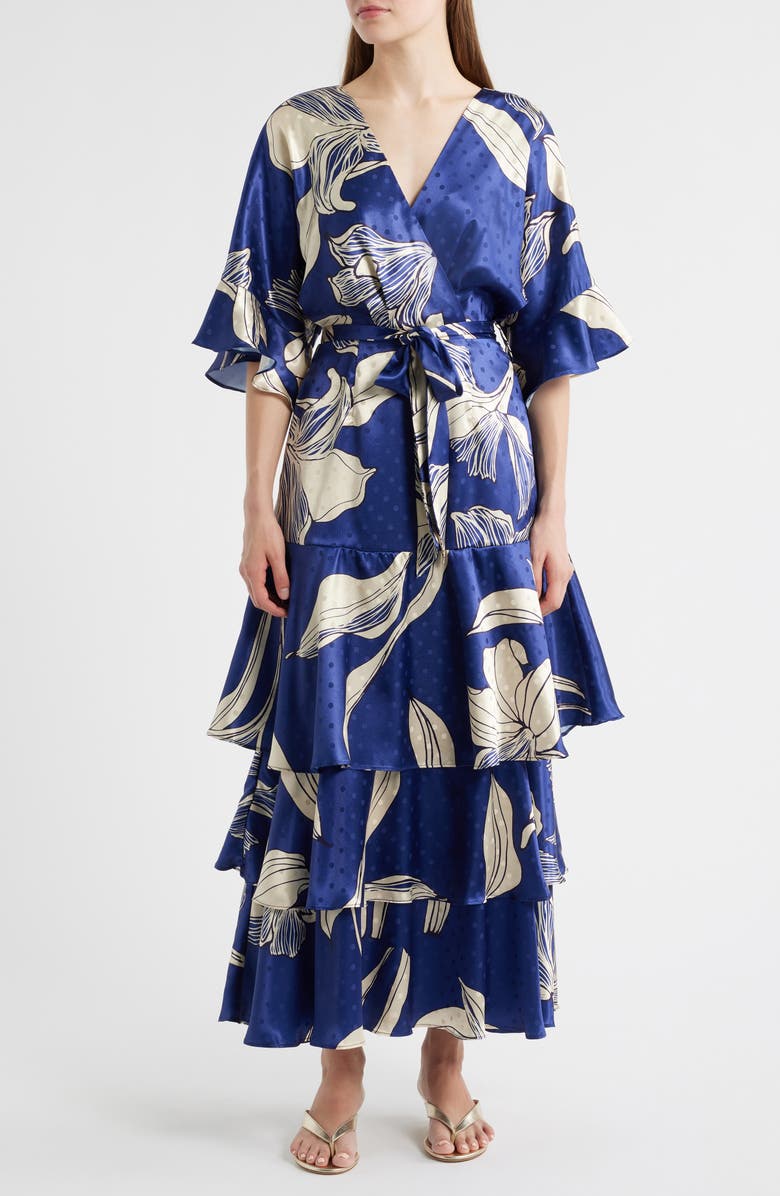CIEBON Calix Floral Dot Jacquard Tiered Satin Maxi Dress, Main, color, Navy Multi