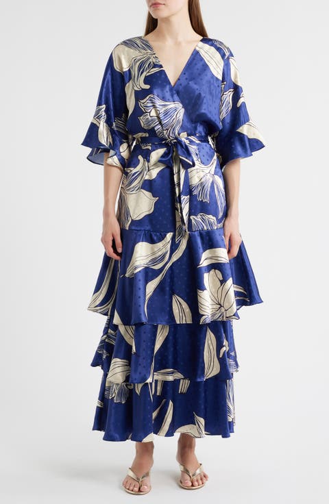 Calix Floral Dot Jacquard Tiered Satin Maxi Dress