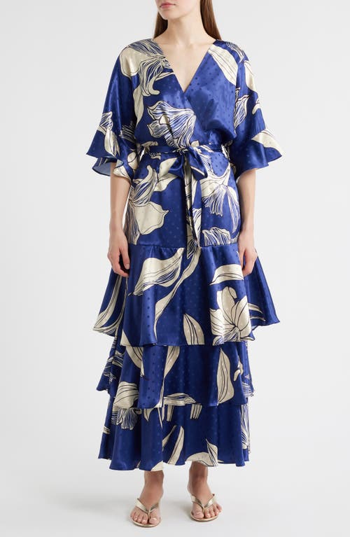 Ciebon Calix Floral Dot Jacquard Tiered Satin Maxi Dress In Blue
