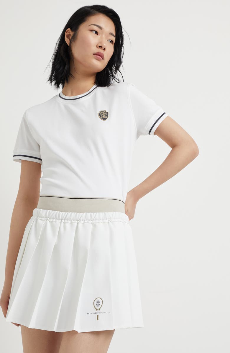 Brunello Cucinelli Pleated techno poplin mini skirt with tennis logo, Alternate, color,