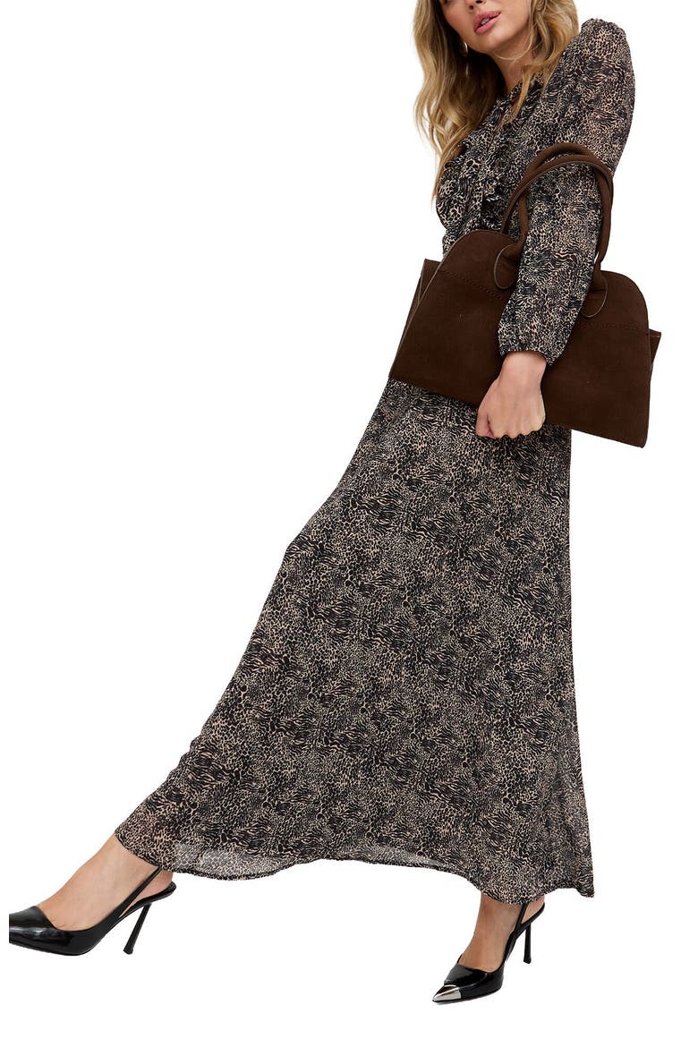 Margot Ruffle Neck Spot Print Maxi Dress, Alternate, color, Brown