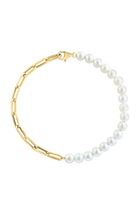 14K Yellow Gold Asymmetrical Paperclip Link & Freshwater Pearl Bracelet