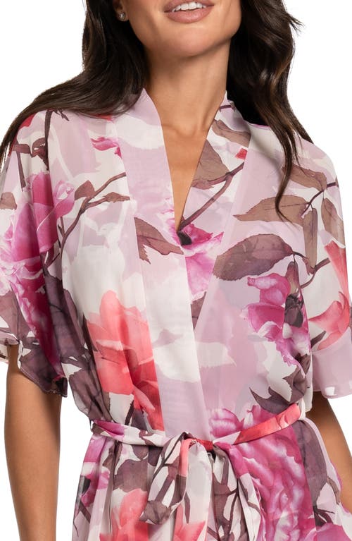 Midnight Bakery Park Rose Floral Print Satin Robe In Cream