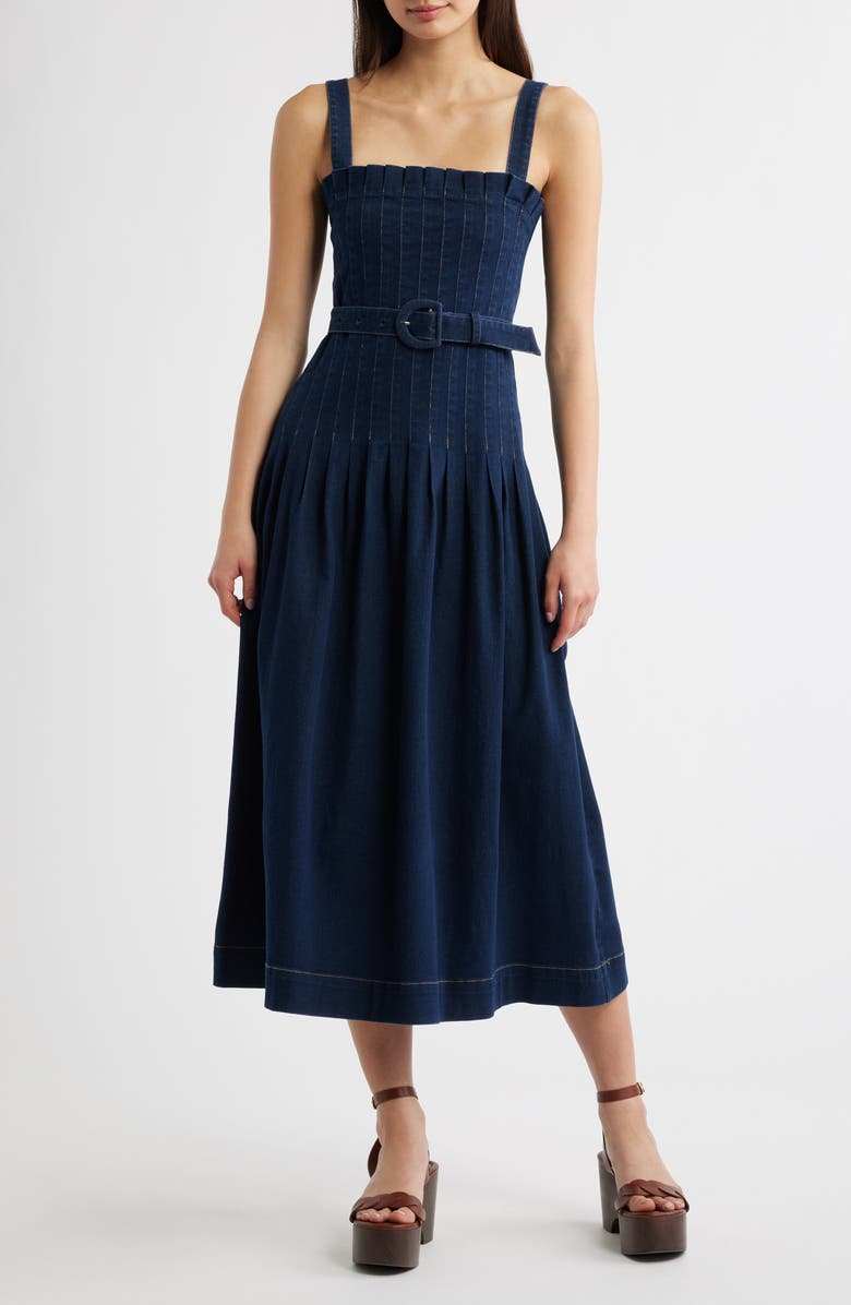 MOON RIVER Pleated Belted Cotton Blend Denim Midi Dress, Main, color, Indigo