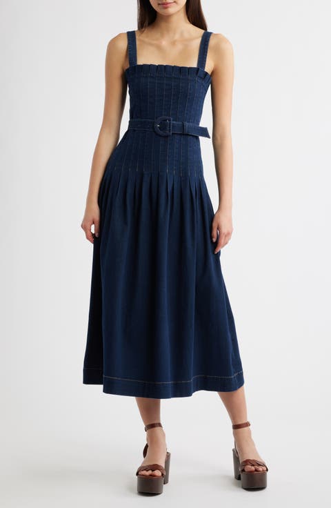 Pleated Belted Cotton Blend Denim Midi Dress