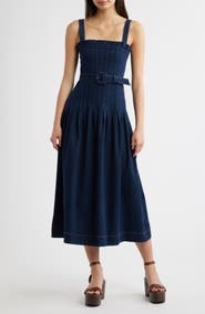 MOON RIVER Pleated Belted Cotton Blend Denim Midi Dress