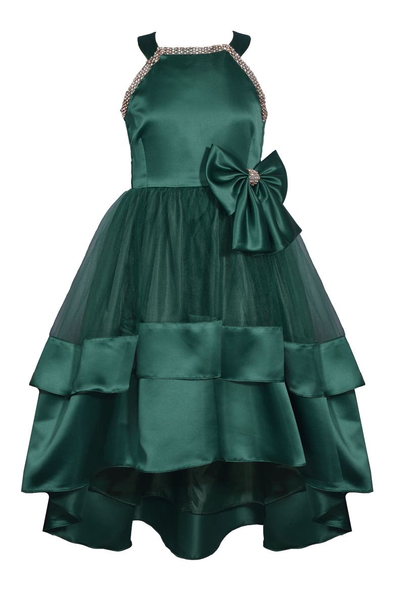 Kids' Rhinestone Trim Satin & Mesh High-Low Party Dress, Main, color, GREEN