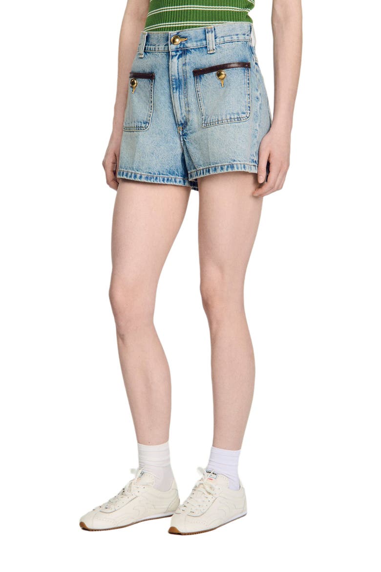 Denim shorts with leather detail, Alternate, color, Blue jean