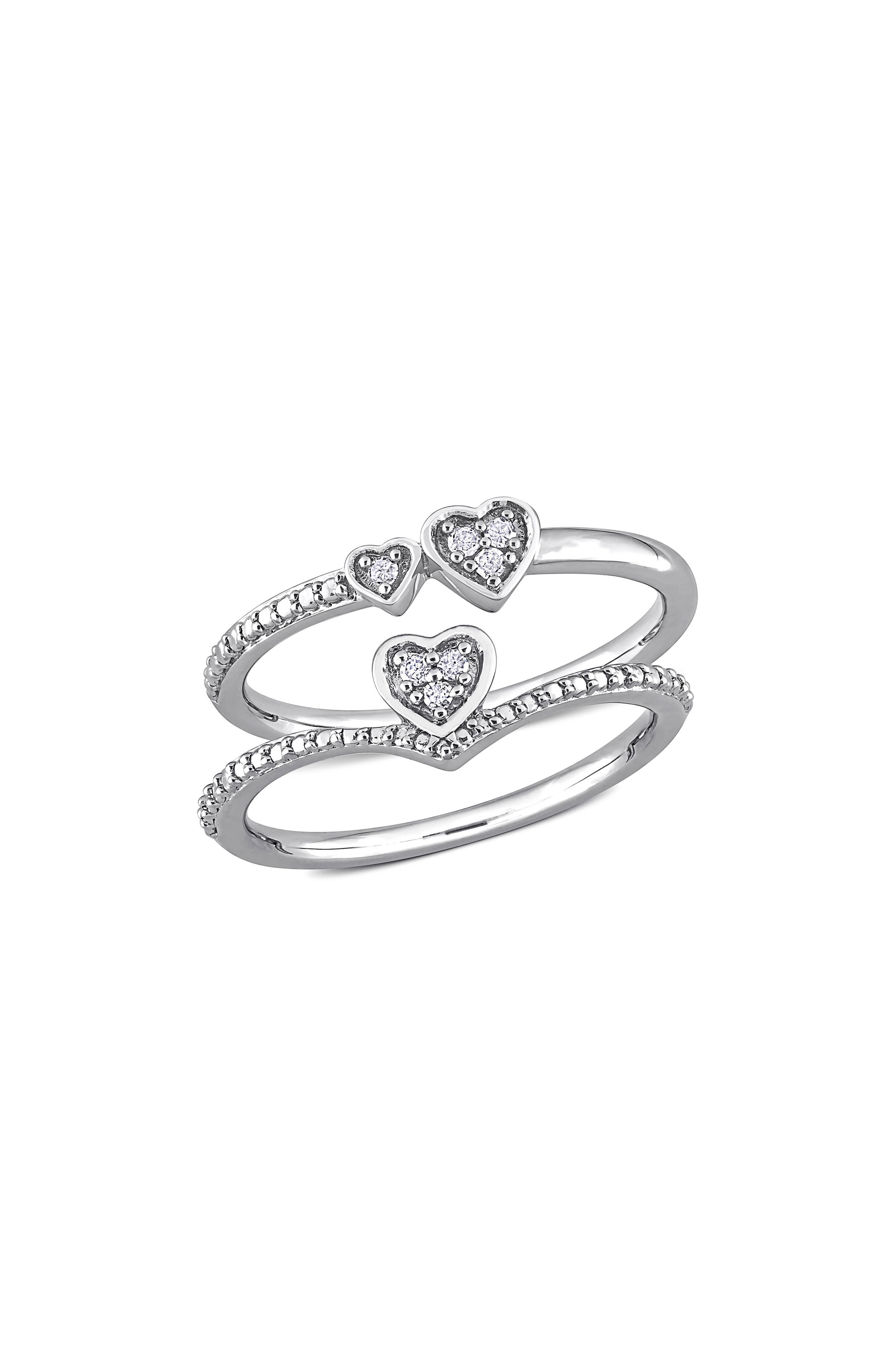 DELMAR Set of 2 Sterling Silver Pavé Diamond Heart Stackable Rings - 0.07ct.