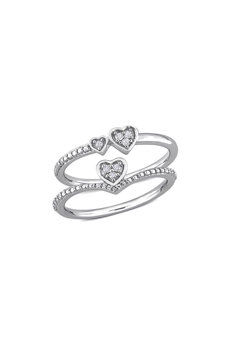Set of 2 Sterling Silver Pavé Diamond Heart Stackable Rings - 0.07ct., Main, color, WHITE