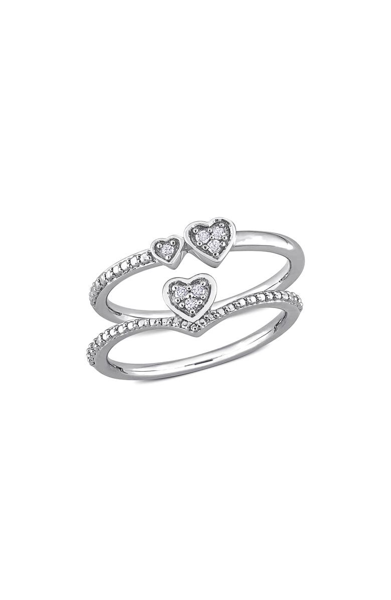 DELMAR Set of 2 Sterling Silver Pavé Diamond Heart Stackable Rings - 0.07ct., Main, color, White