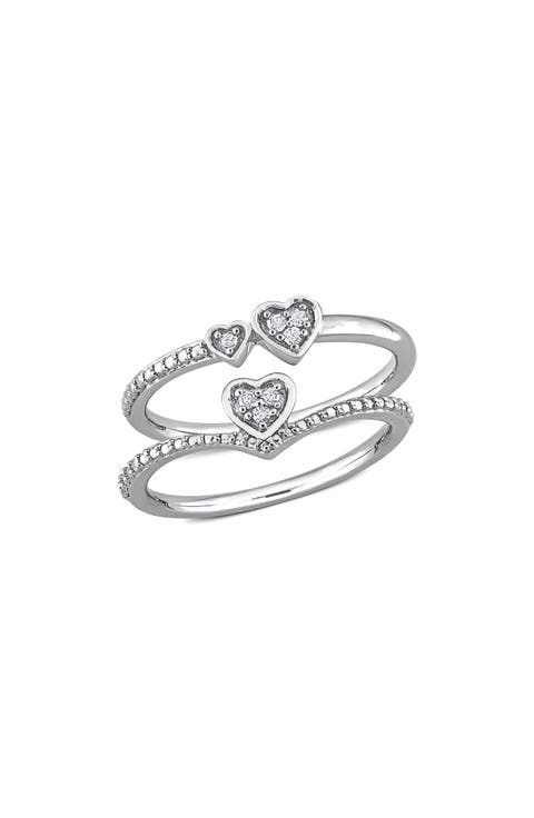 Set of 2 Sterling Silver Pavé Diamond Heart Stackable Rings - 0.07ct.