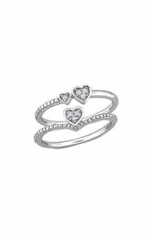 DELMAR Set of 2 Sterling Silver Pavé Diamond Heart Stackable Rings - 0.07ct.