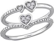 DELMAR Set of 2 Sterling Silver Pavé Diamond Heart Stackable Rings - 0.07ct.