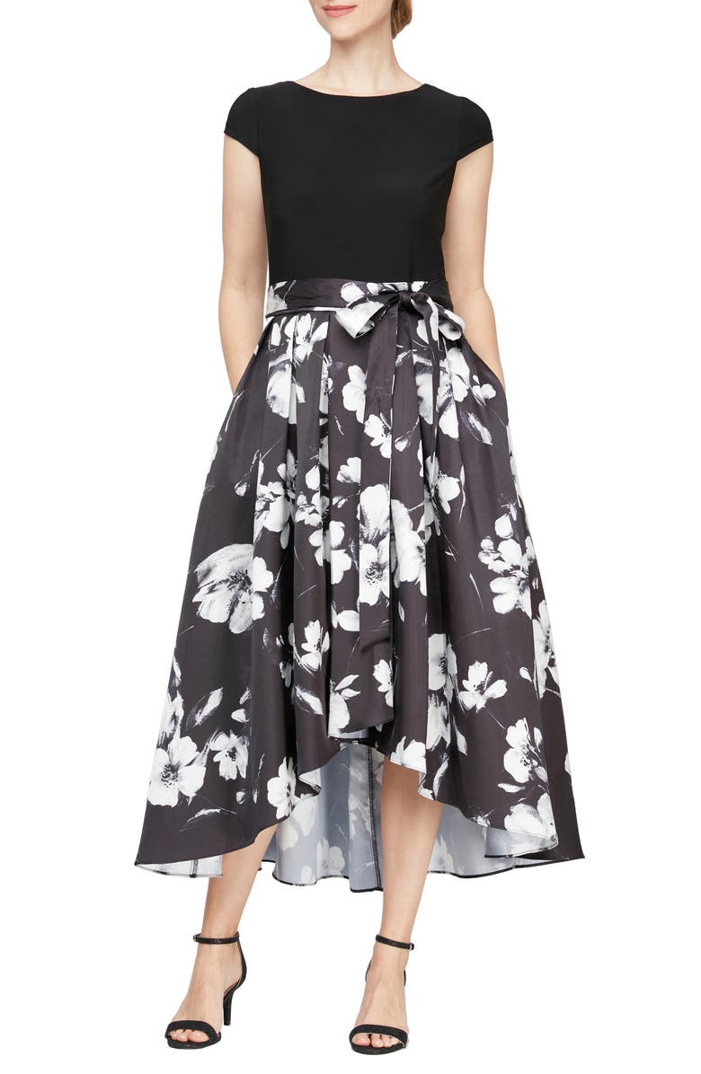 SL FASHIONS Floral High-Low Cocktail Dress, Main, color, Black Ivory
