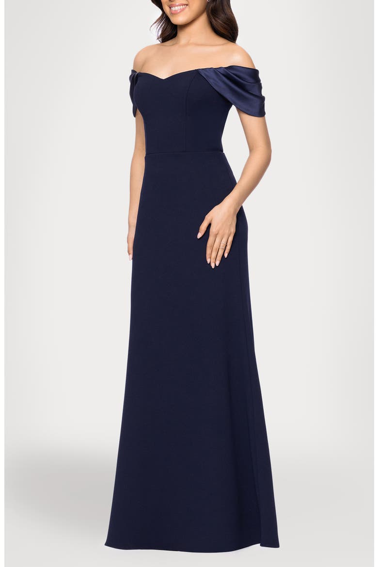 Off the Shoulder Scuba Knit & Crepe Mermaid Gown, Alternate, color, NAVY