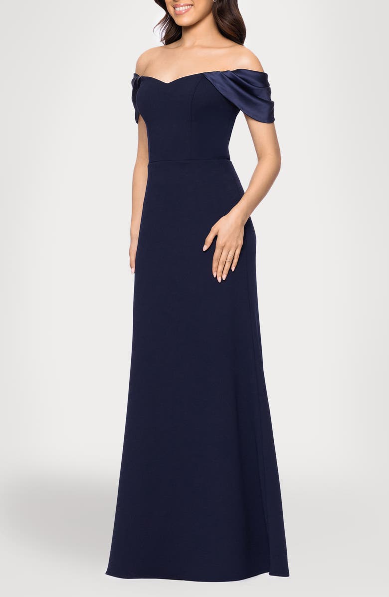 Blondie Nites Off the Shoulder Scuba Knit & Crepe Mermaid Gown, Alternate, color, Navy