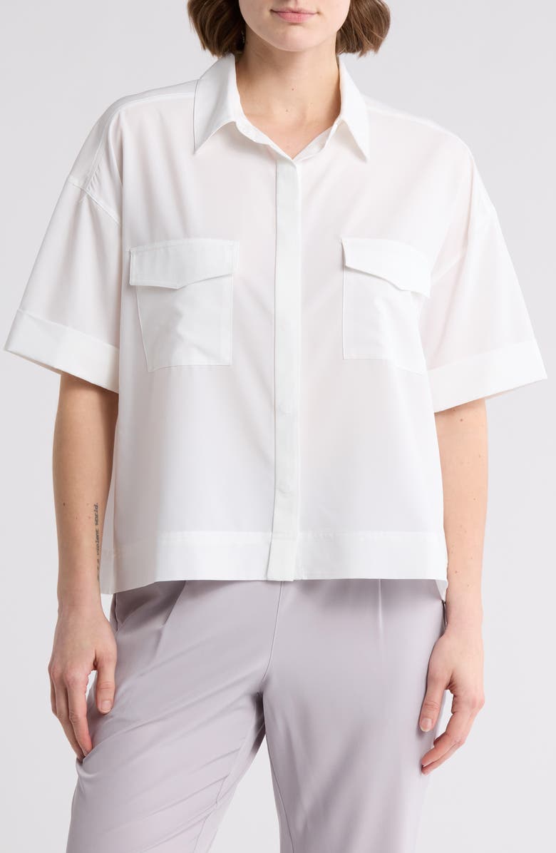 90 DEGREE BY REFLEX Lightstreme Metro Mode Short Sleeve Button-Up Shirt, Main, color, White