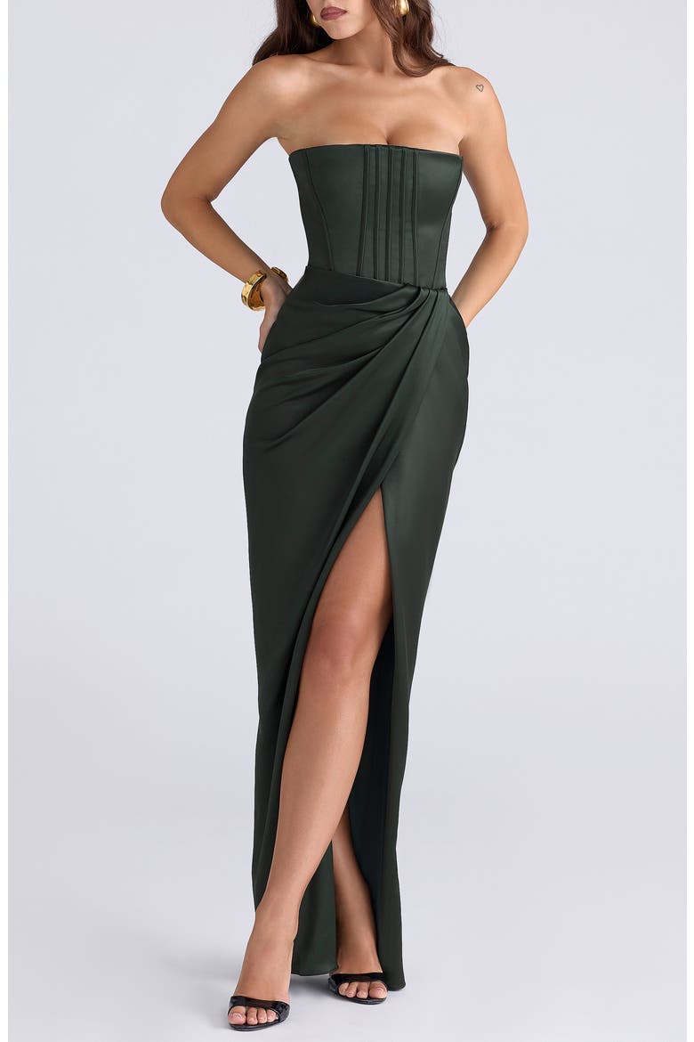 Carelle Lace-Up Strapless Satin Sheath Cocktail Dress, Main, color, FOREST GREEN