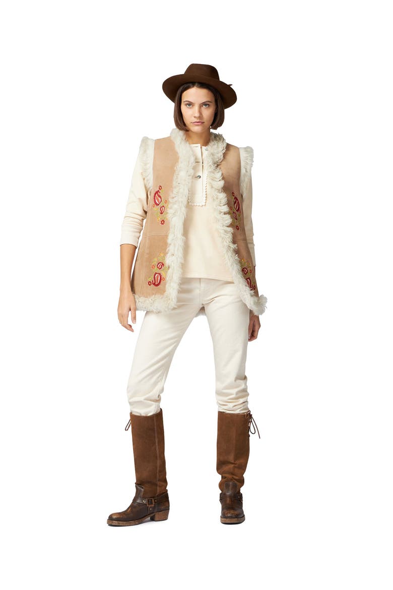 Sheep Leather Floral Embroidery Gilet, Alternate, color, Beige