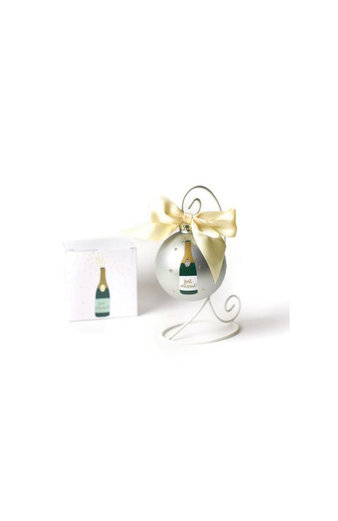 Just Married Champagne Pop Glass Ornament with White Stand