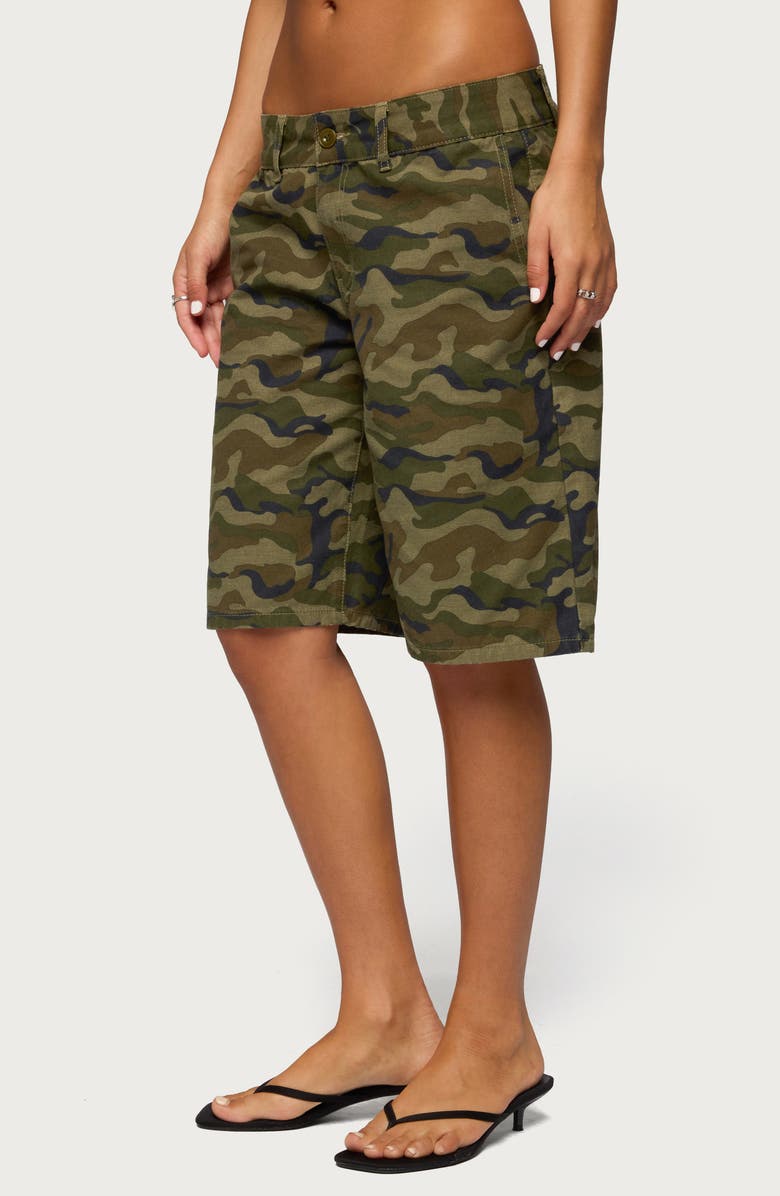 EDIKTED Camo Print Denim Bermuda Shorts, Alternate, color, Olive