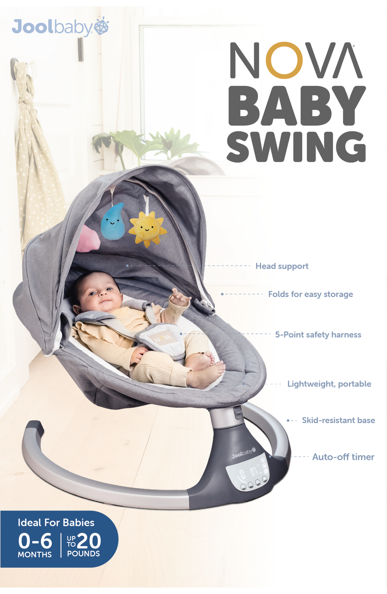 Jool Baby Nova Swing for Newborns - Electric Motorized Infant Swing, Bluetooth Music, 10 Preset Melodies, Remote, Alternate, color, Gray