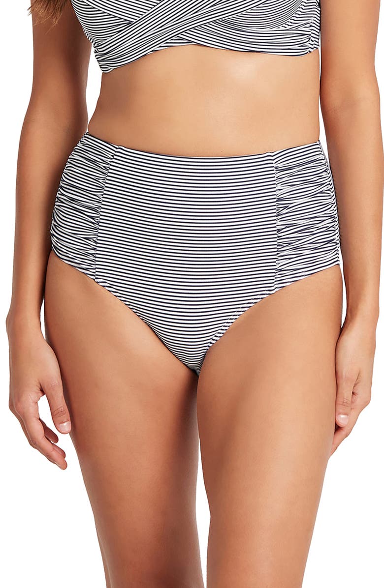 Sea Level High Waist Stripe Bikini Bottoms, Main, color, Night Sky