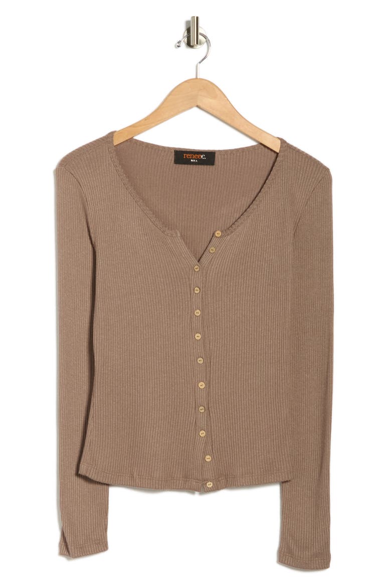 Button Front Long Sleeve Ribbed Top, Alternate, color, MOCHA