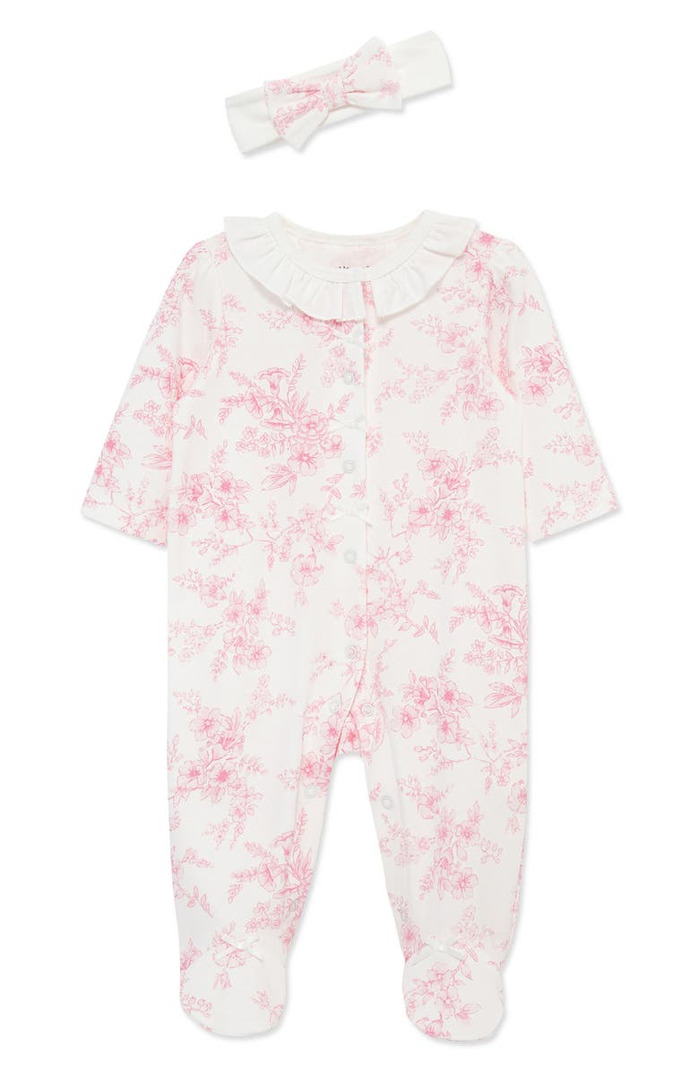 Little Me Floral Cotton Footie & Head Wrap Set, Main, color, Pink