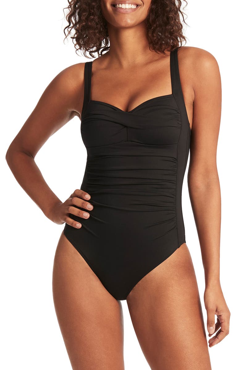 Sea Level Twist Front Multifit One-Piece Swimsuit, Main, color, Black