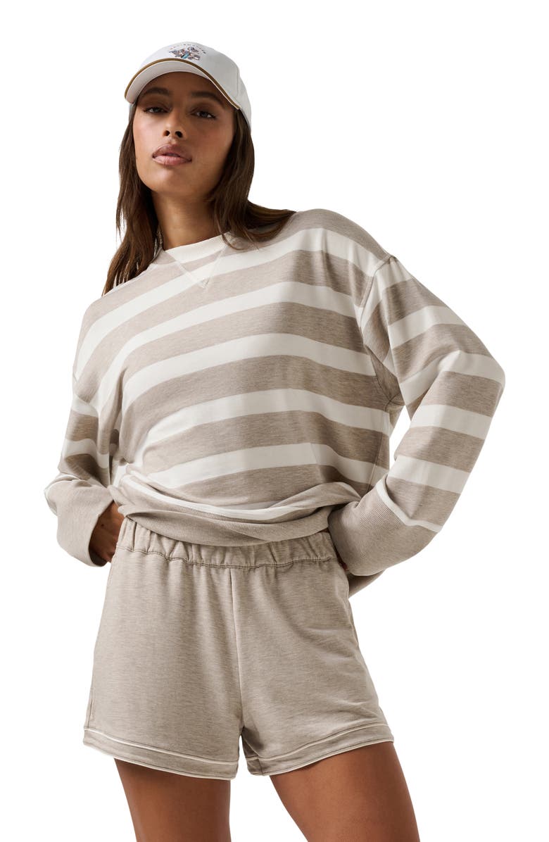 TravisMathew Cloud Terry Varsity Shorts, Alternate, color, Heather Soft Taupe