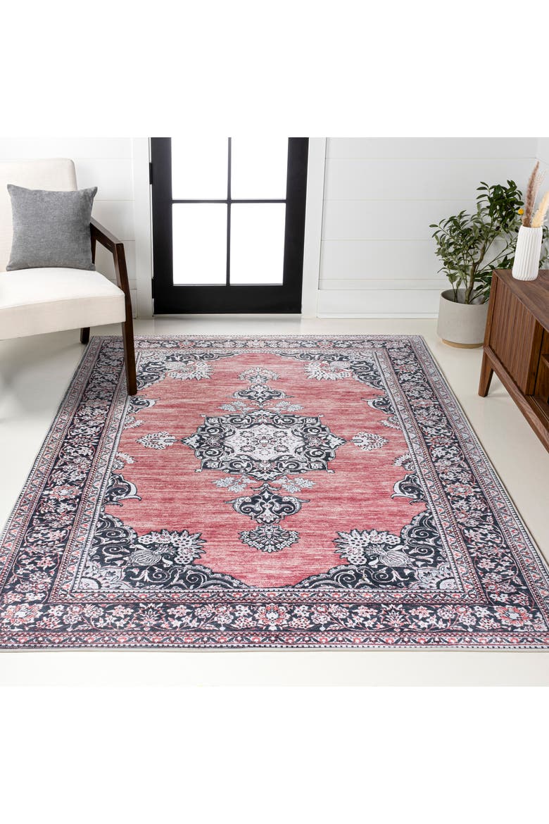Bausch Bohemian Distressed Chenille Machine-Washable Area Rug, Alternate, color, Dark Pink/Black/White