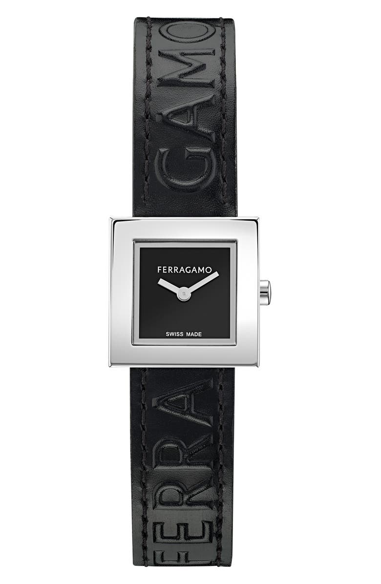 FERRAGAMO Portrait Leather Strap Watch, 20mm, Main, color, Stainless Steel
