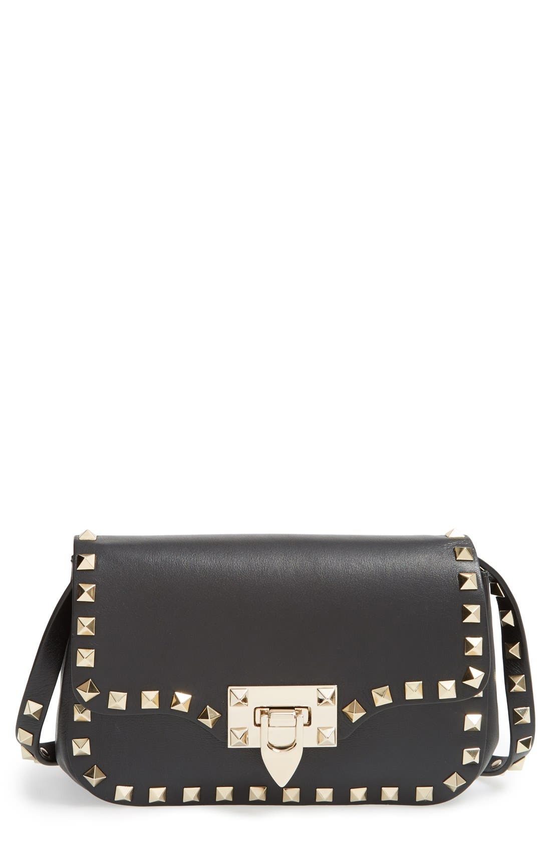 'Mini Rockstud' Crossbody Bag, Main, color, BLACK