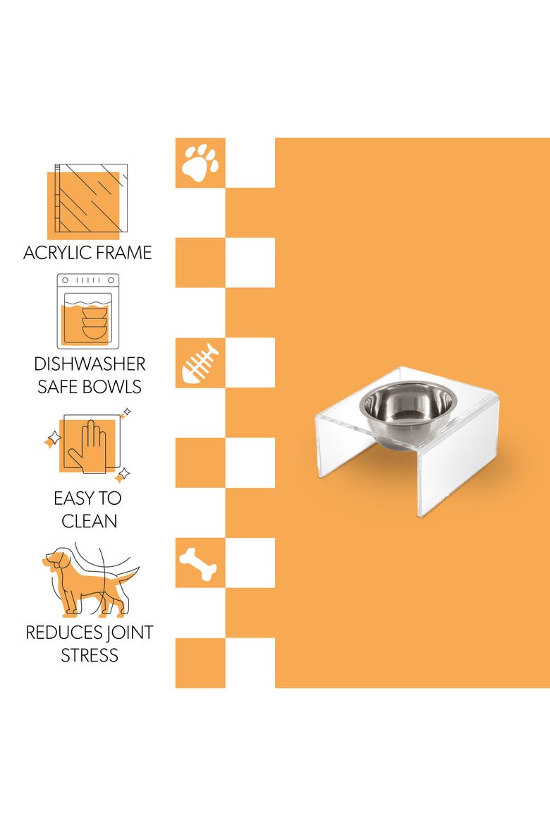 Keaton Modern Lucite Rectangular Elevated Pet Feeder with 2-Stainless Steel Bowls, Alternate, color, Clear/Chrome - Single