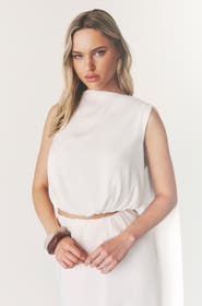 Six Stories Satin Drape Detail High Neck Top