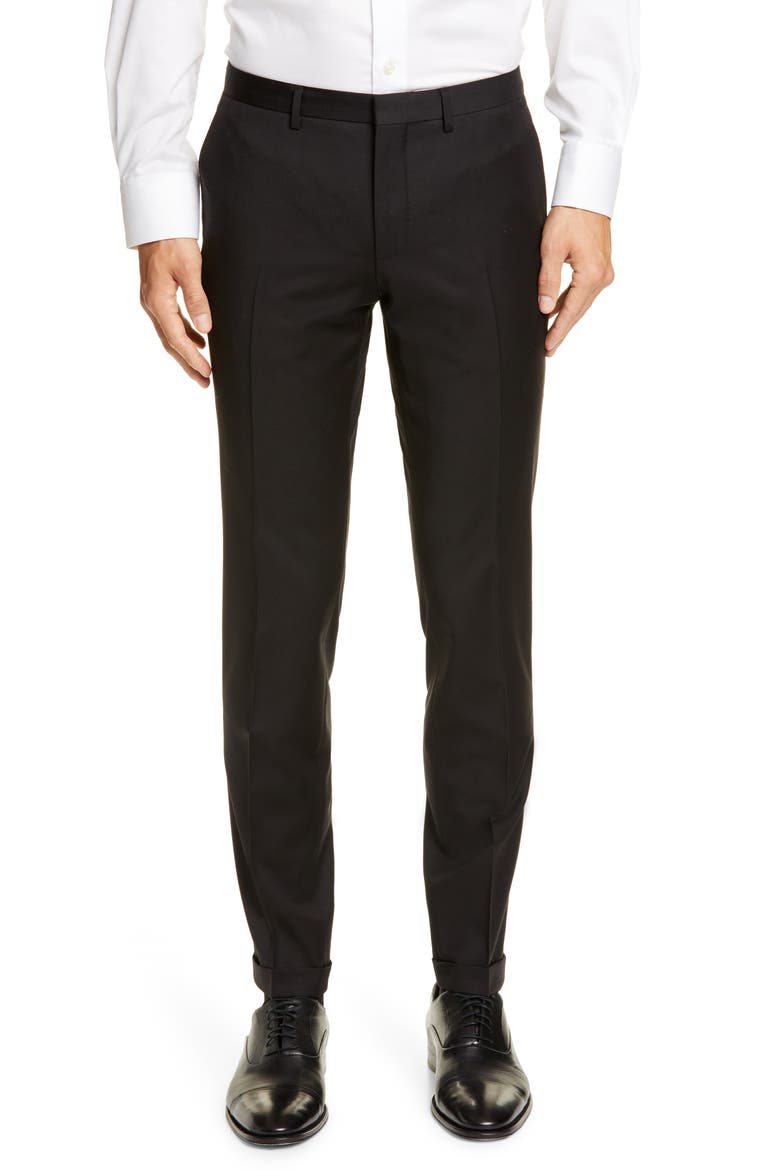 Wave Flat Front Solid Wool Trousers, Main, color, BLACK