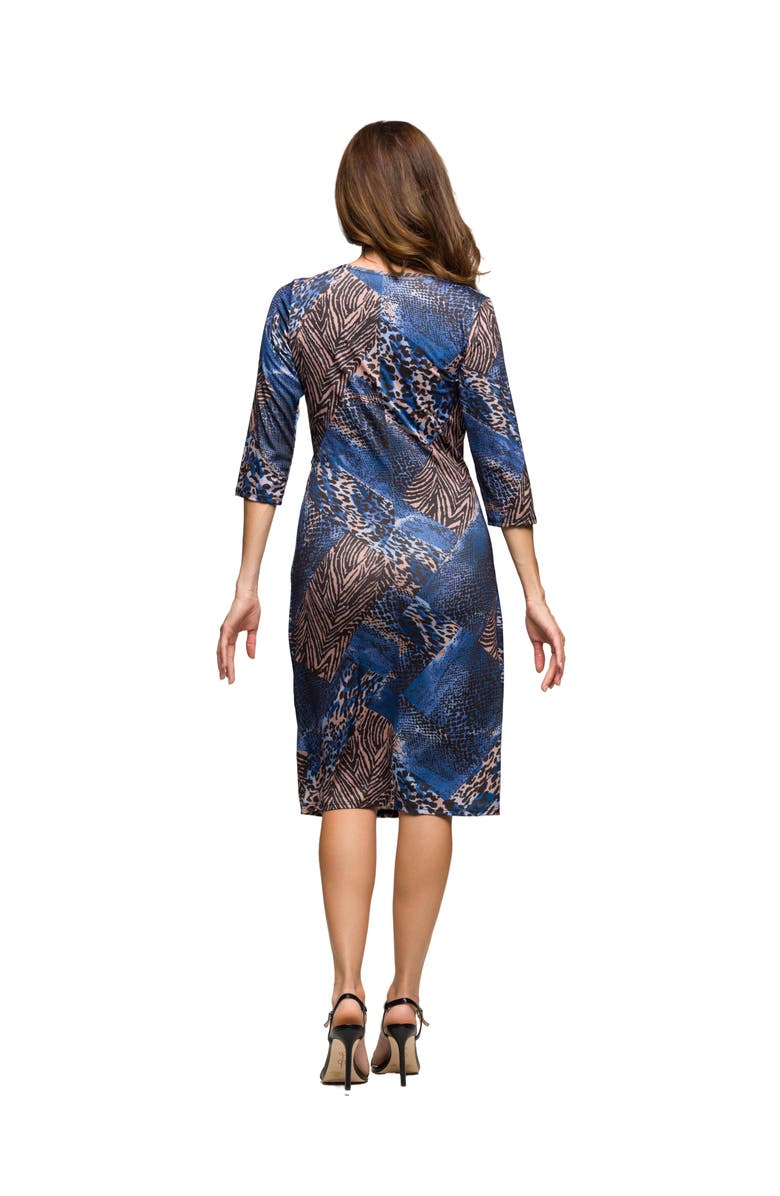 24seven Comfort Apparel Three Quarter Sleeve Faux Wrap Dress in Animal Print, Alternate, color, Blue Multi