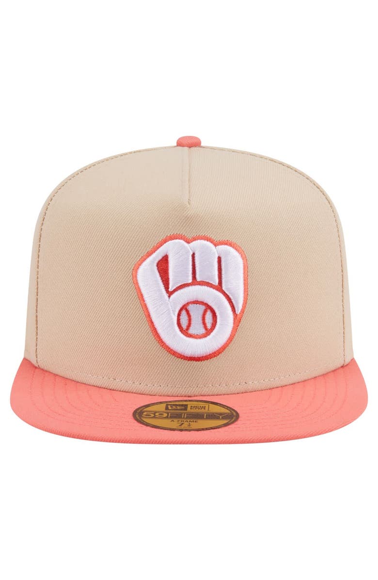 New Era Men's New Era Light Beige/Coral Milwaukee Brewers Two-Tone Color Pack A-Frame 59FIFTY Fitted Hat, Alternate, color, 