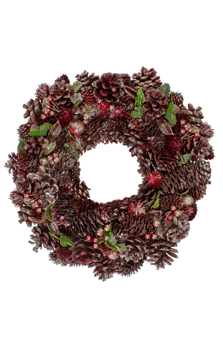 Northlight 13" Red and Gold Glittered Pine Cone and Berry Christmas Wreath, Main, color, Gold