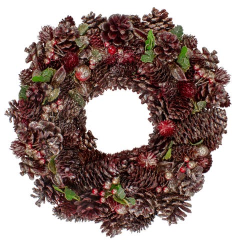 13" Red and Gold Glittered Pine Cone and Berry Christmas Wreath