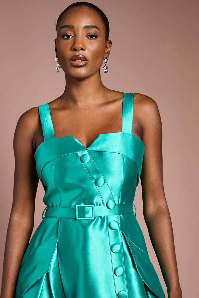 Button-Trim Belted Full Skirt Midi Dress, Alternate, color, Teal