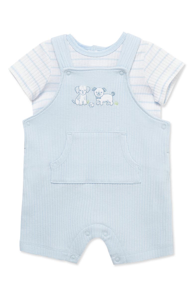 Little Me Stripe T-Shirt & Puppy Overalls Set, Alternate, color, Blue