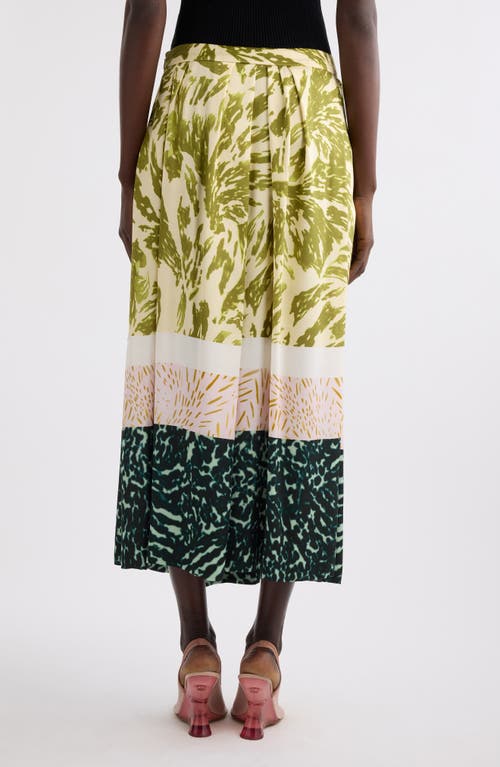Dries Van Noten Womens Khaki Abstract-print Pleated Woven Maxi Skirt